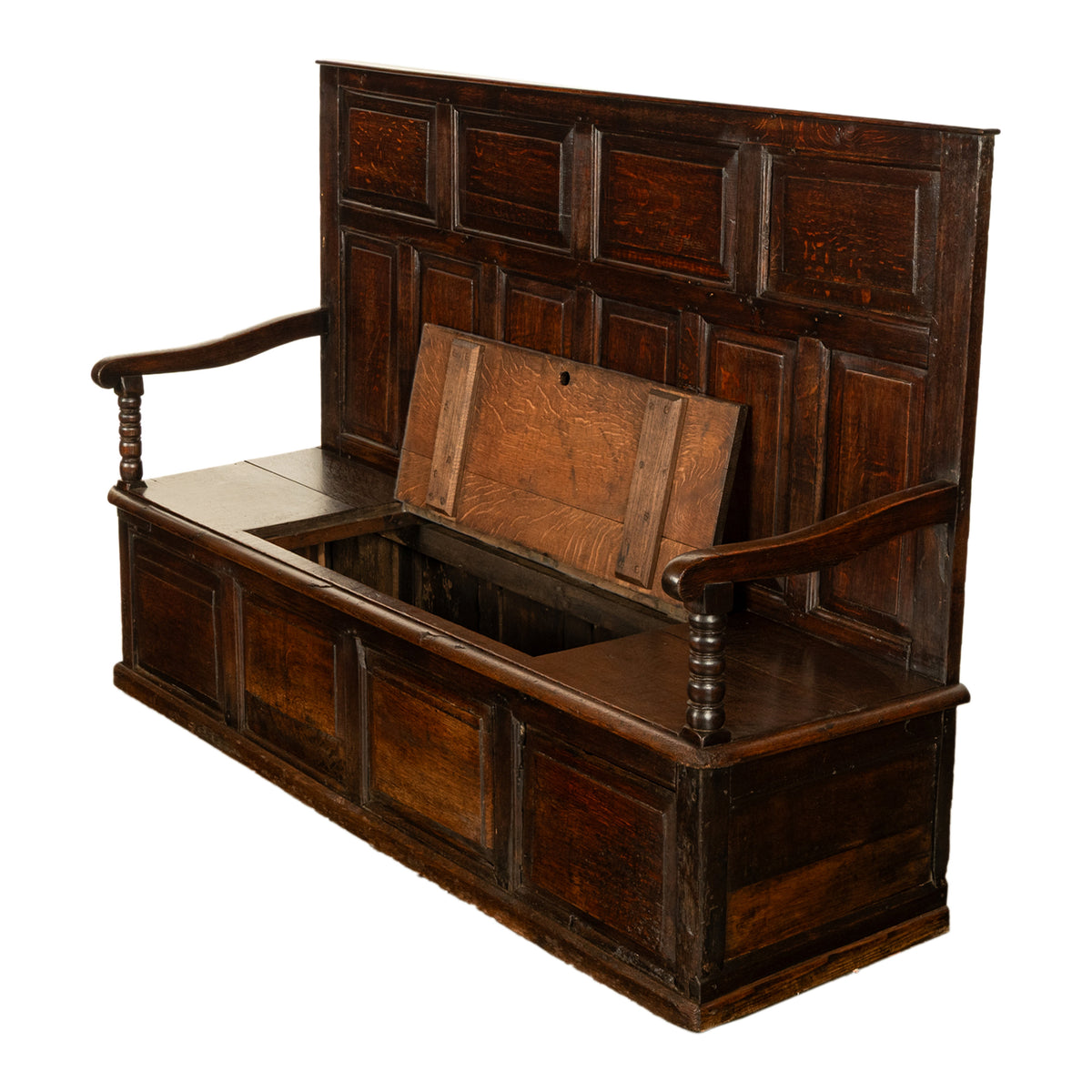 Antique 18th Century Georgian Oak Paneled Box Pub Tavern Settle Bench 1750