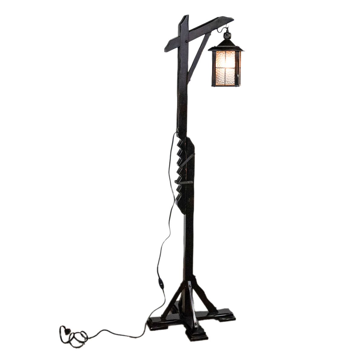 Antique Mission Arts Crafts Carved Oak Adjustable Floor Lamp Glass Lantern 1930