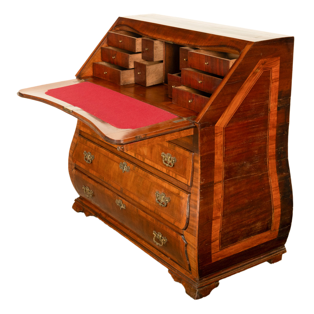Antique Dutch Rococo Inlaid Marquetry Walnut Bombe Secretary Desk Bureau 1780