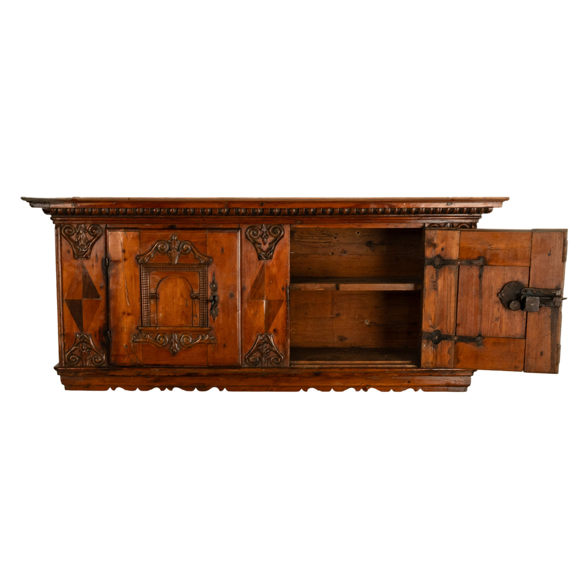 Antique 17th Century German Baroque Inlaid Carved Pine Walnut Wall Cabinet 1680