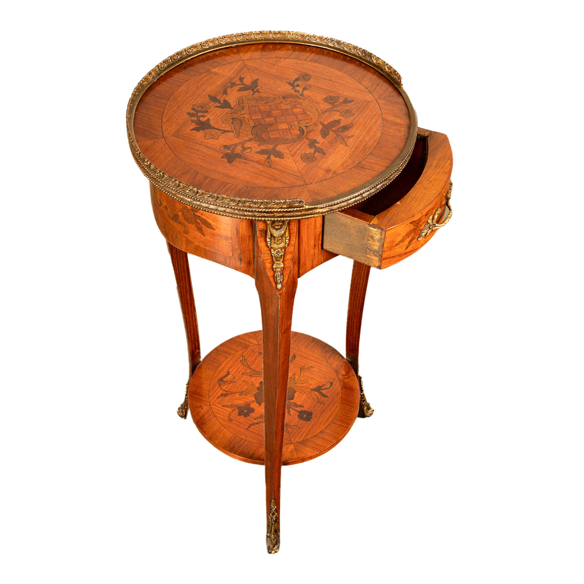 Antique French Louis XV Walnut & Ormolu Marquetry Circular Side Table Stand 1890