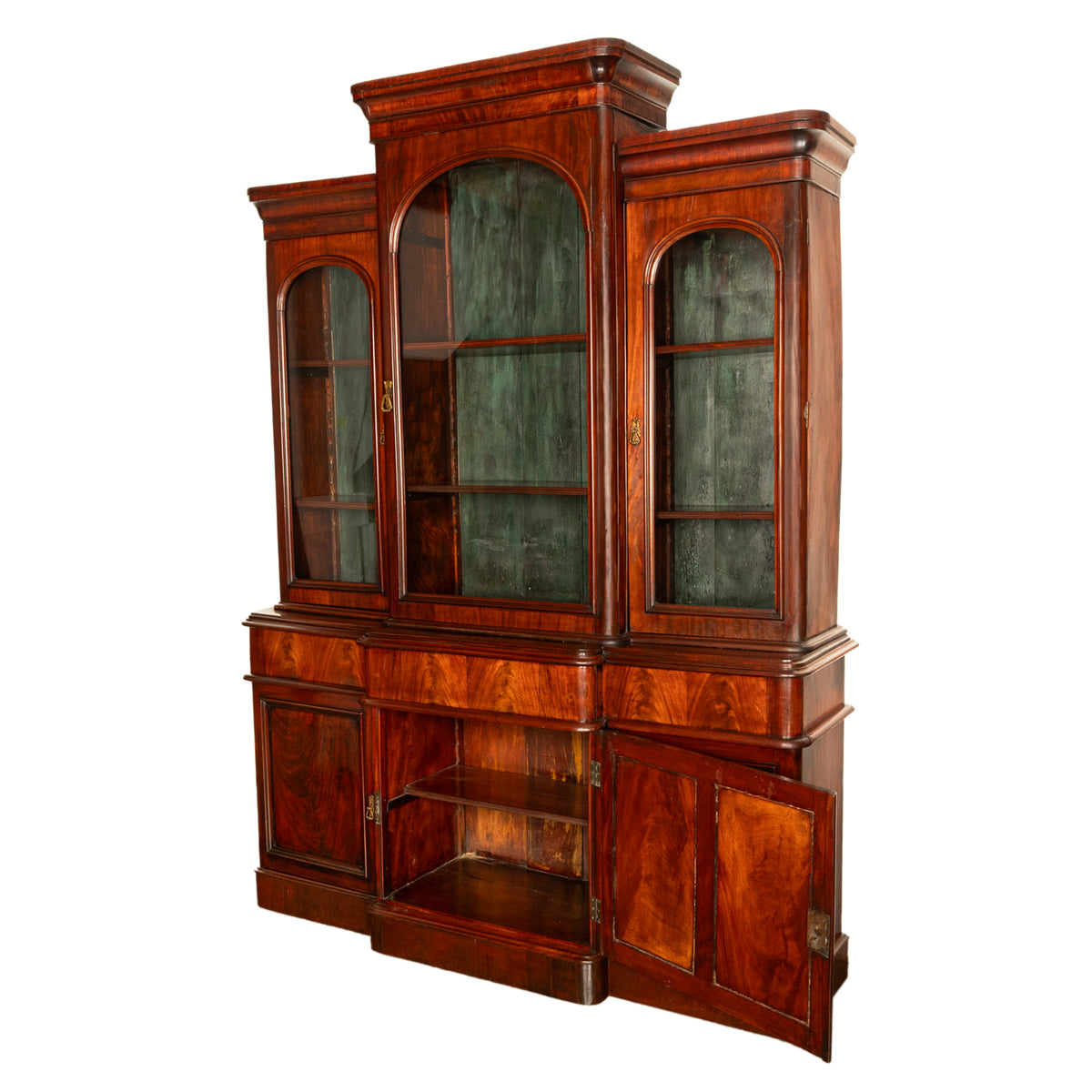 Antique 19th Century Large Breakfront Flame Mahogany Bookcase Bibliotheque 1850