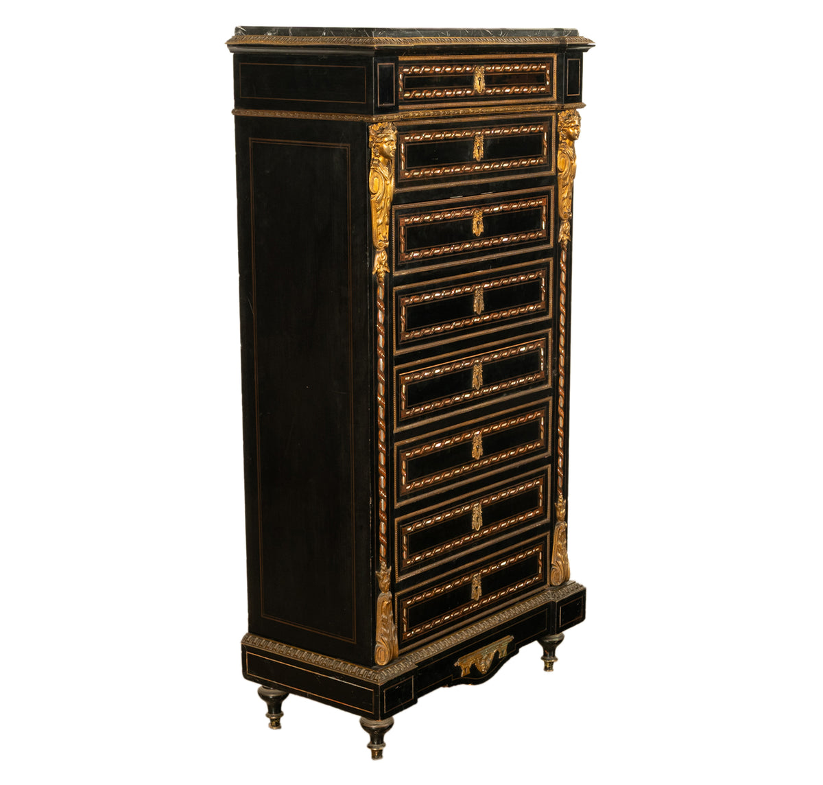 Antique French Napoleon III Mother-Of-Pearl Inlaid Ormolu Marble Top Secretaire Desk Chest 1860