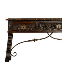 Antique Spanish Baroque Hand-Carved Walnut & Iron Trestle Desk & Chair 1860