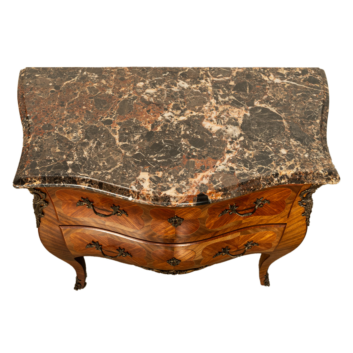 Antique French Louis XV Marble Top Ormolu Bombe Shape Inlaid Tulip-Wood Commode 1900