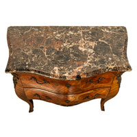 Antique French Louis XV Marble Top Ormolu Bombe Shape Inlaid Tulip-Wood Commode 1900