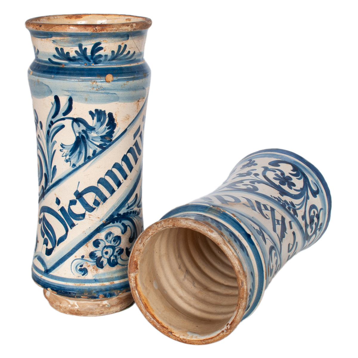Pair Antique 17th Century Spanish Blue & White Pottery Albarelli Apothecary Jars 1680