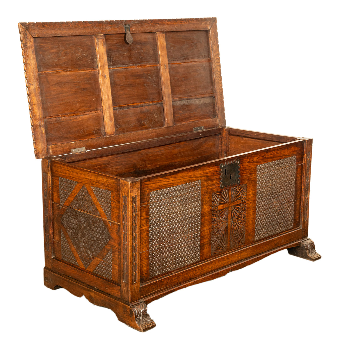 Antique French Gothic Revival Carved Oak Dowry Coffer Chest Bench Seat 1820