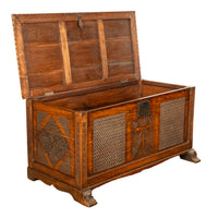 Antique French Gothic Revival Carved Oak Dowry Coffer Chest Bench Seat 1820