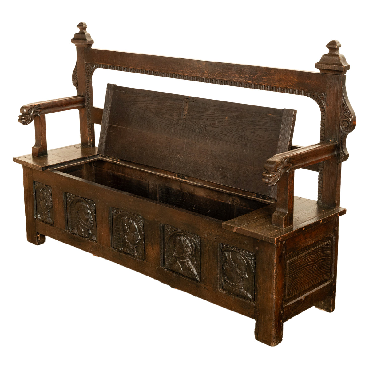 Antique French Brittany Carved Oak Bench with 16th Century Portrait Panels 1560
