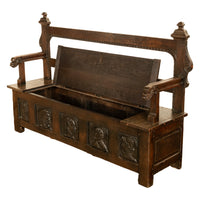 Antique French Brittany Carved Oak Bench with 16th Century Portrait Panels 1560
