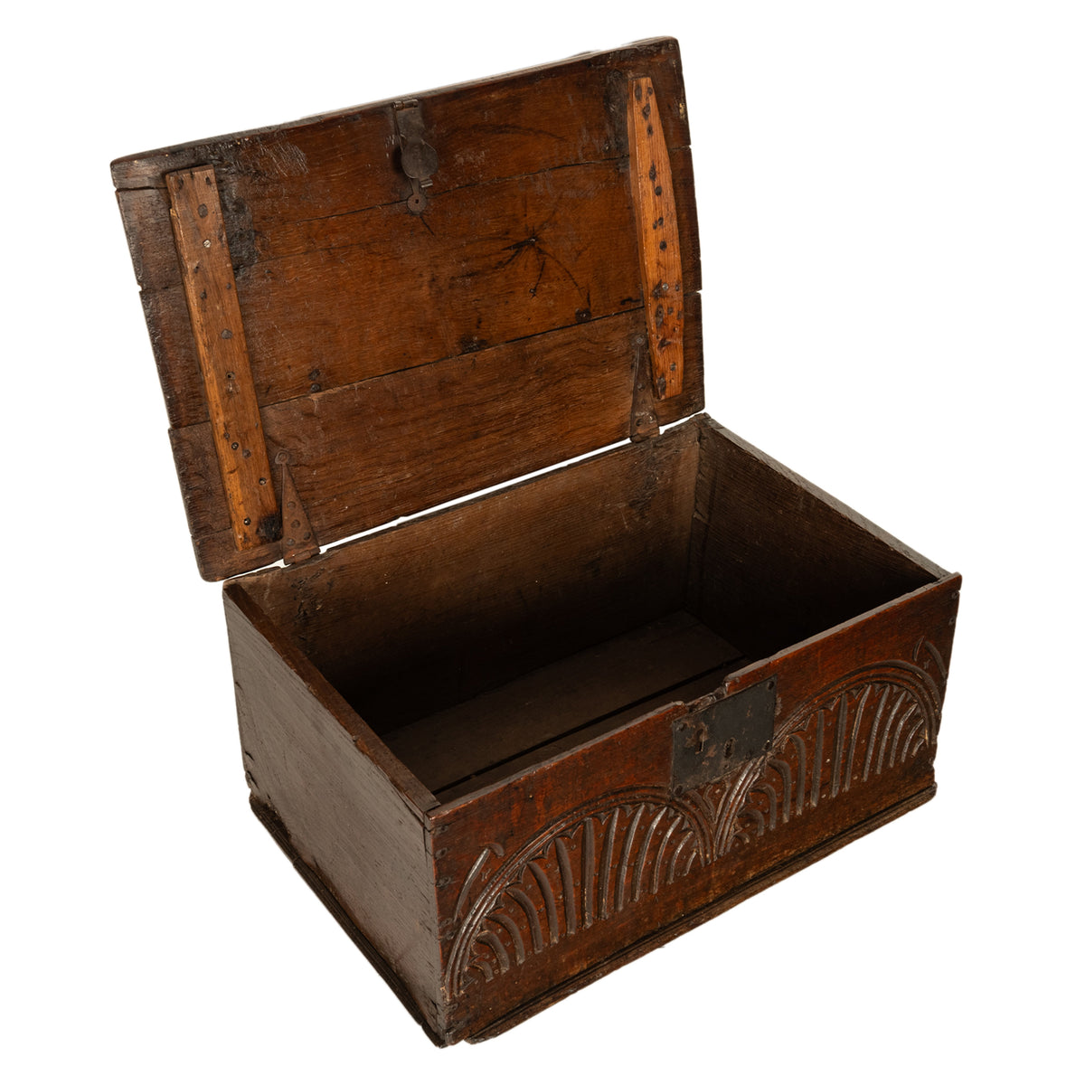 Antique 17th Century Charles II Carved Oak Bible Document Box 6 Plank Trunk 1680