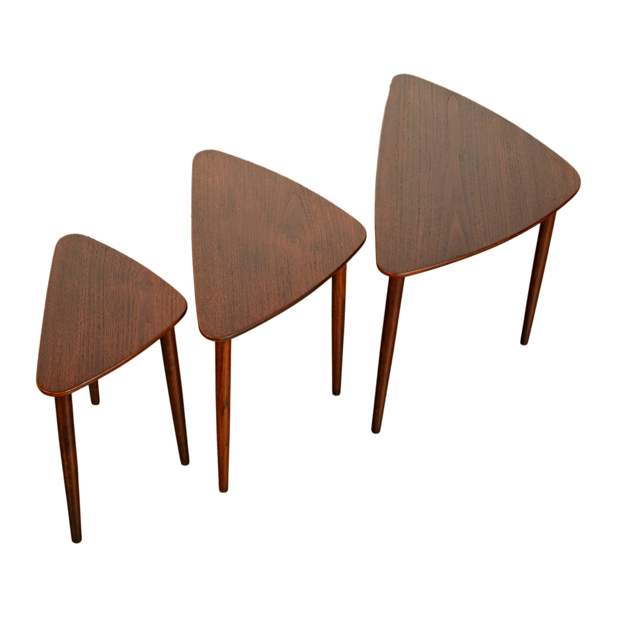 Danish Teak Mid Century Modern 'Guitar Pick' set of 3 Nesting Tables by Mogens Kold Mobelfabrik 1960s