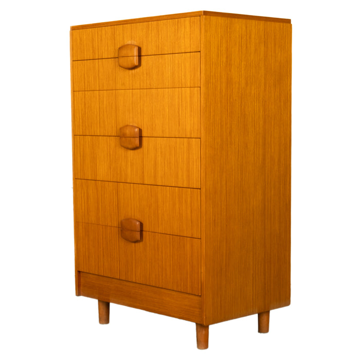 Mid Century Modern Danish Tall Boy Teak Chest of Drawers Six Drawer Dresser 1960