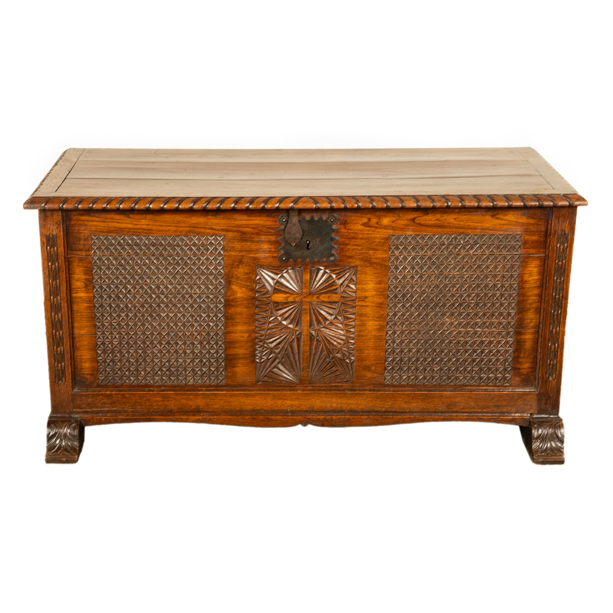 Antique French Gothic Revival Carved Oak Dowry Coffer Chest Bench Seat 1820