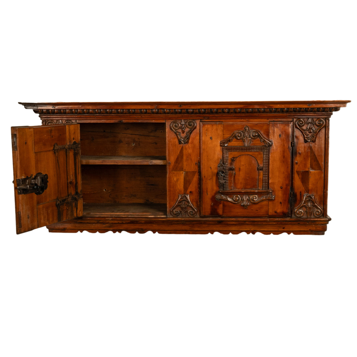 Antique 17th Century German Baroque Inlaid Carved Pine Walnut Wall Cabinet 1680