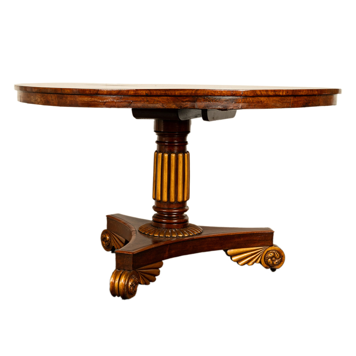 Antique Georgian Regency Amboyna Walnut Parcel Gilt Tilt-Top Breakfast Dining Table Circa 1820