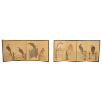 Pair Antique Japanese Edo Falcon Hawk Birds of Prey Takagari Screens 1880