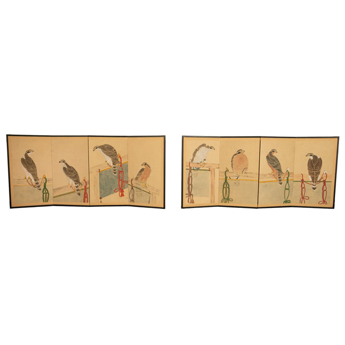 Pair Antique Japanese Edo Falcon Hawk Birds of Prey Takagari Screens 1880