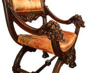 Antique Italian Hand Carved Walnut Renaissance Dragon & Knight Throne Chair 1880