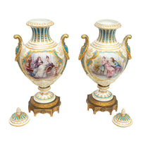 Pair Antique French Sevres Handpainted Gilded Ormolu Porcelain Urns signed 1890