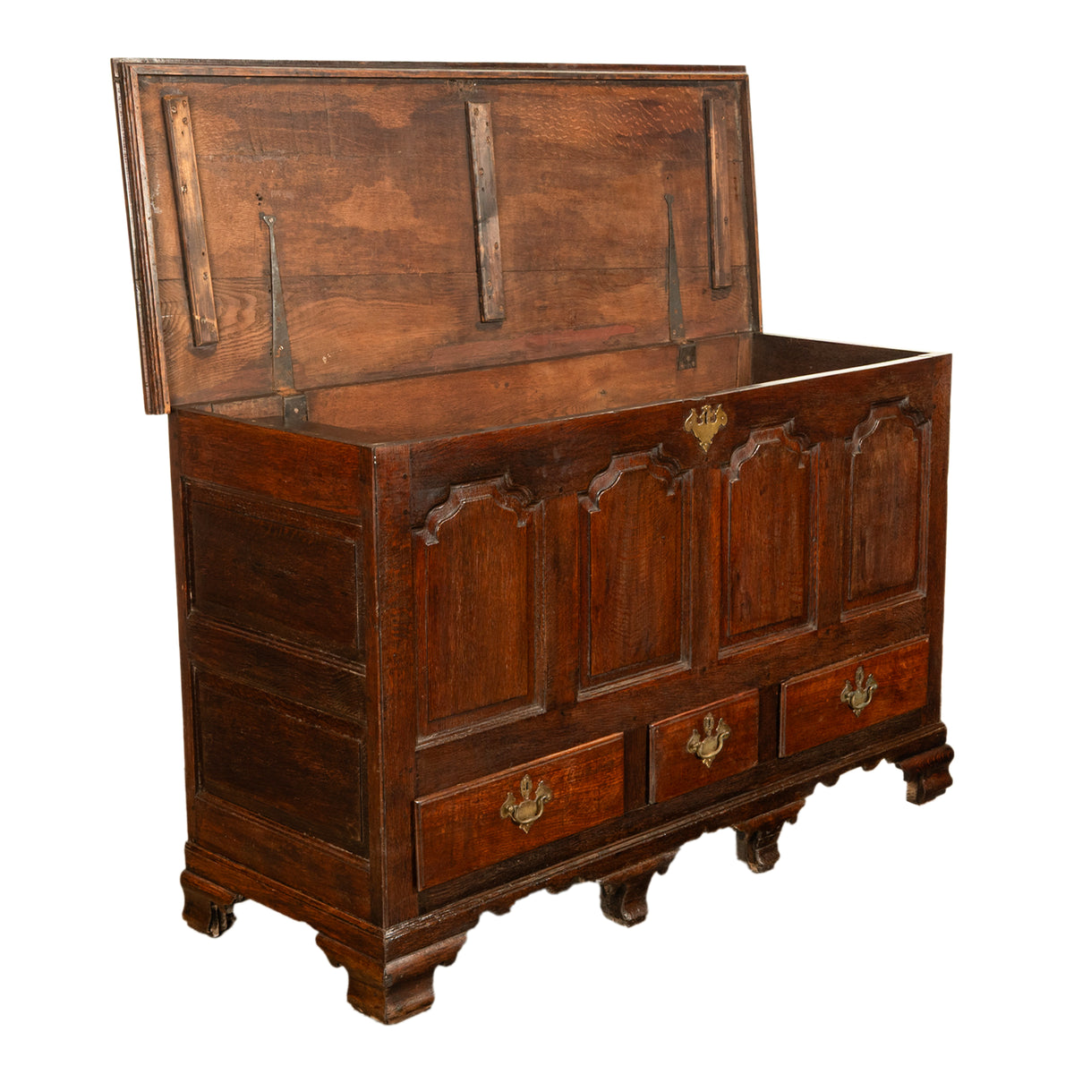 Antique Early Georgian Large 4 Panel 3 Drawer Hinged Top Mule Chest Coffer 1740