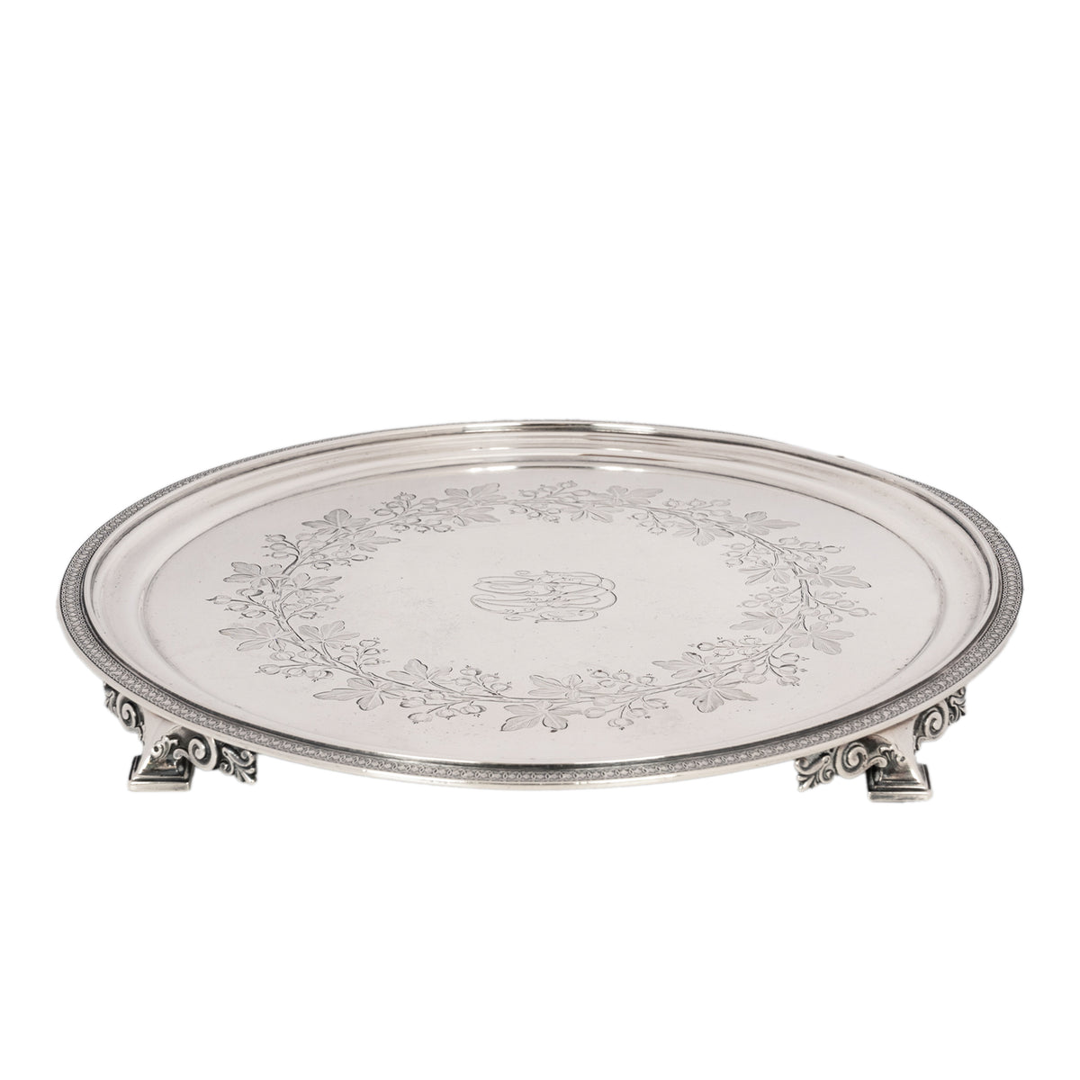 Antique Engraved Sterling Silver Tiffany & Co Footed Salver Tray New York 1870