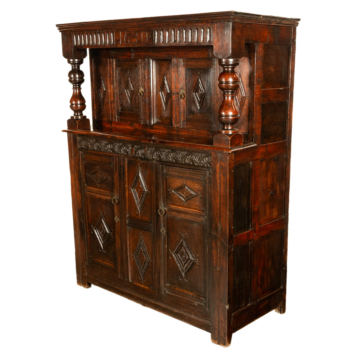 Antique English 17th Century Jacobean Charles I Carved Oak Court Cupboard Cabinet 1630