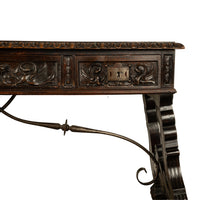 Antique Spanish Baroque Hand-Carved Walnut & Iron Trestle Desk & Chair 1860