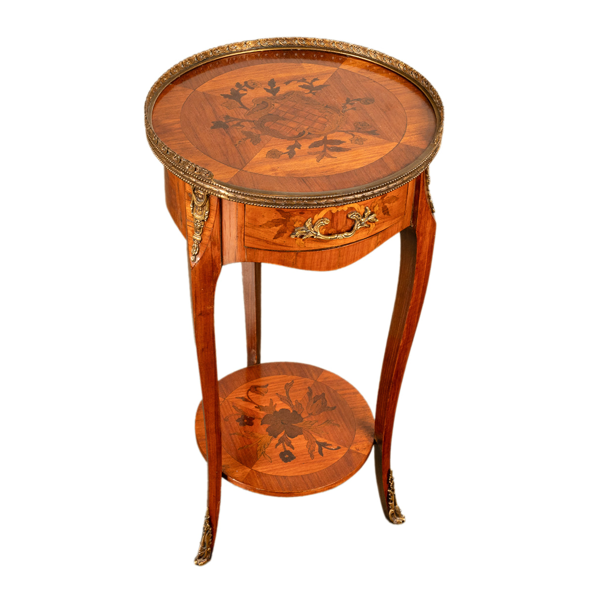 Antique French Louis XV Walnut & Ormolu Marquetry Circular Side Table Stand 1890