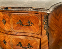 Antique French Louis XV Marble Top Ormolu Bombe Shape Inlaid Tulip-Wood Commode 1900