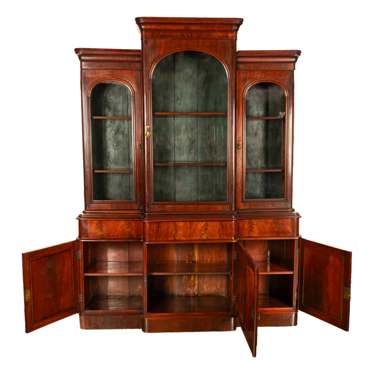 Antique 19th Century Large Breakfront Flame Mahogany Bookcase Bibliotheque 1850