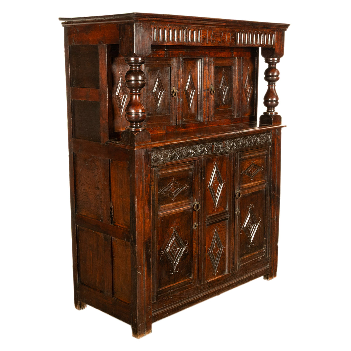 Antique English 17th Century Jacobean Charles I Carved Oak Court Cupboard Cabinet 1630