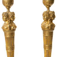 Pair Antique Early 19thC French Empire Neoclassical Gilt Bronze Candlesticks