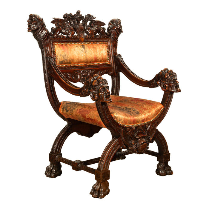 Antique Italian Hand Carved Walnut Renaissance Dragon & Knight Throne Chair 1880