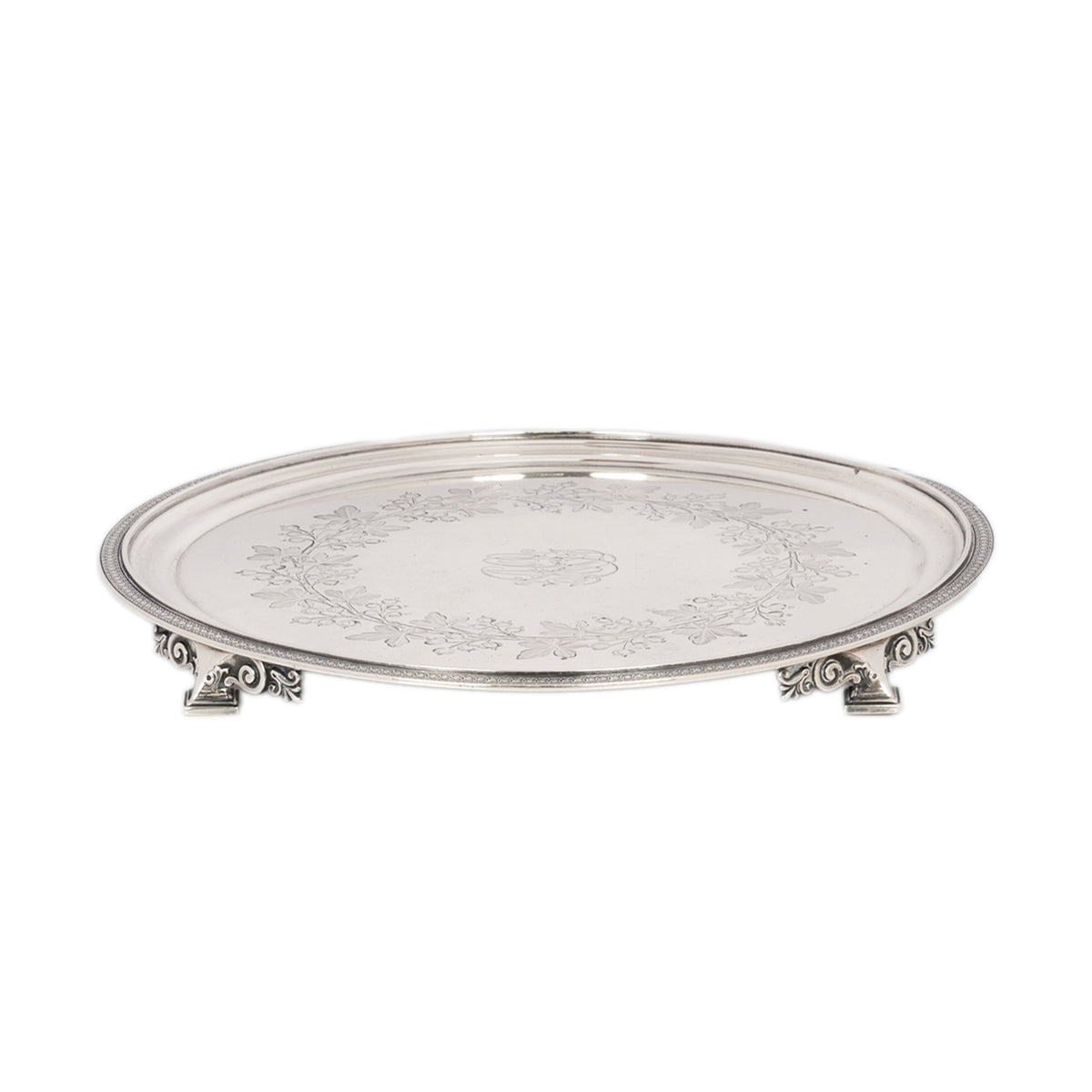 Antique Engraved Sterling Silver Tiffany & Co Footed Salver Tray New York 1870