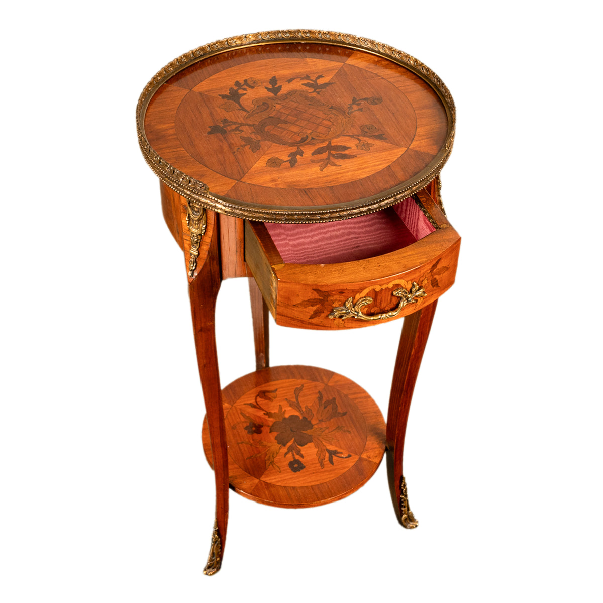 Antique French Louis XV Walnut & Ormolu Marquetry Circular Side Table Stand 1890