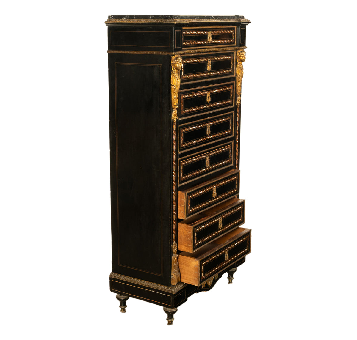 Antique French Napoleon III Mother-Of-Pearl Inlaid Ormolu Marble Top Secretaire Desk Chest 1860