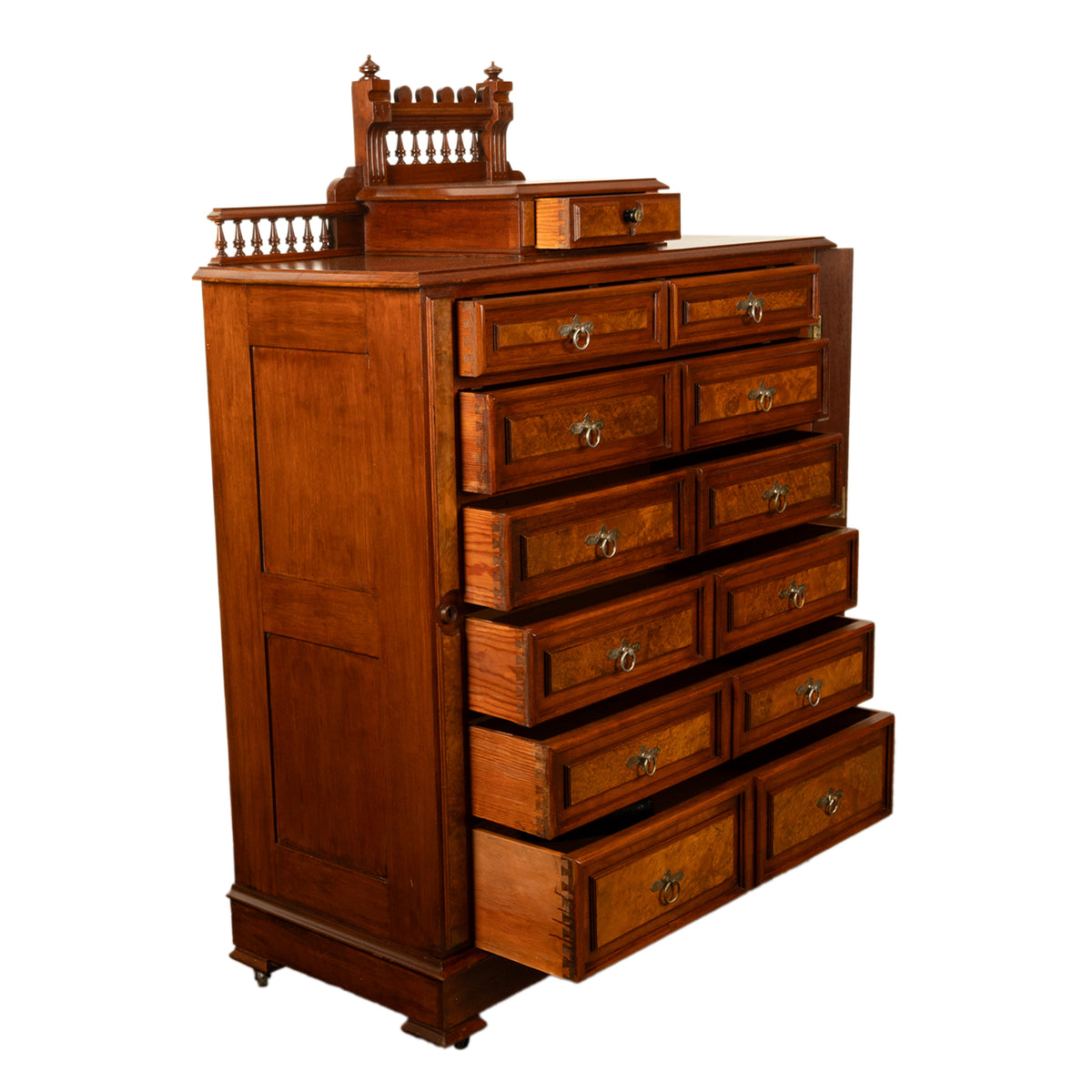 Antique American Burl Walnut Lock Side Eastlake Highboy Chest of Drawers 1870