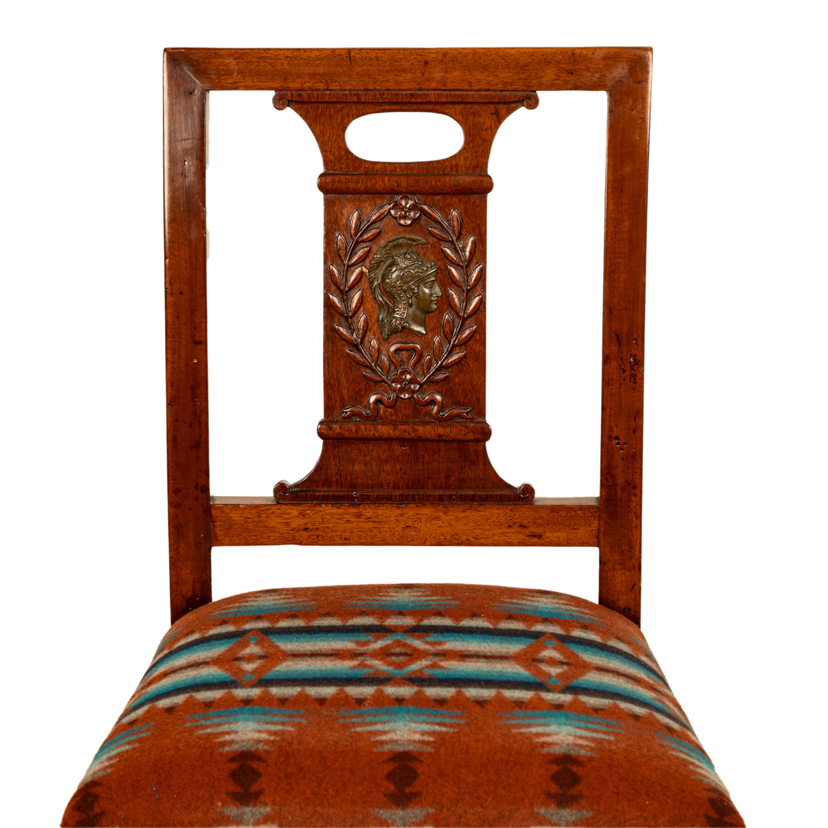 Pair Antique French Restauration His & Hers Greco-Roman Chairs Pendleton Fabric