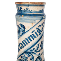 Pair Antique 17th Century Spanish Blue & White Pottery Albarelli Apothecary Jars 1680