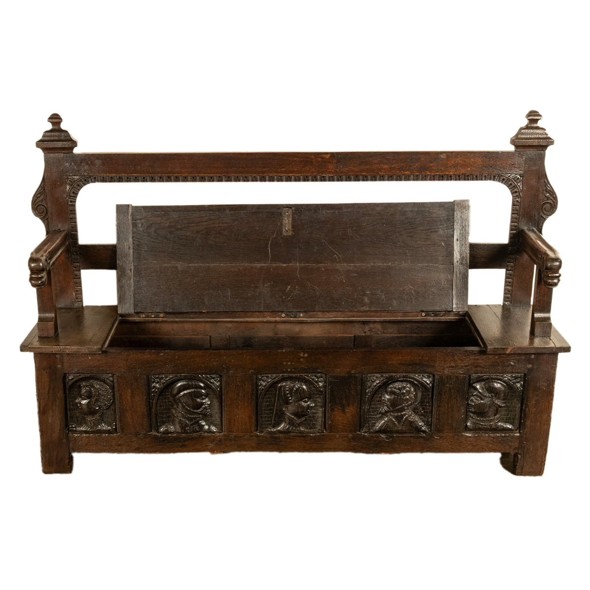 Antique French Brittany Carved Oak Bench with 16th Century Portrait Panels 1560