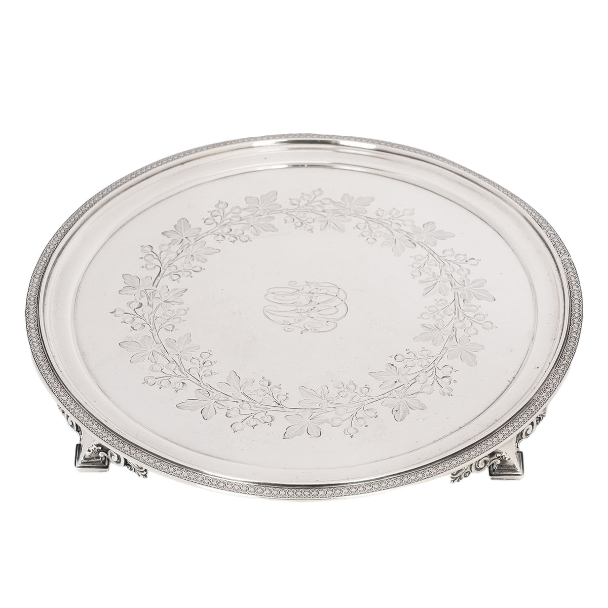 Antique Engraved Sterling Silver Tiffany & Co Footed Salver Tray New York 1870