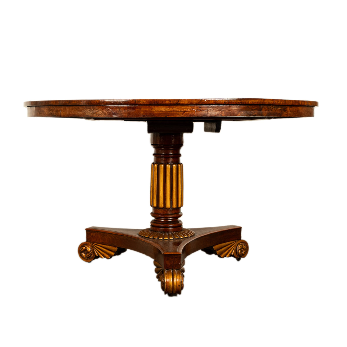 Antique Georgian Regency Amboyna Walnut Parcel Gilt Tilt-Top Breakfast Dining Table Circa 1820