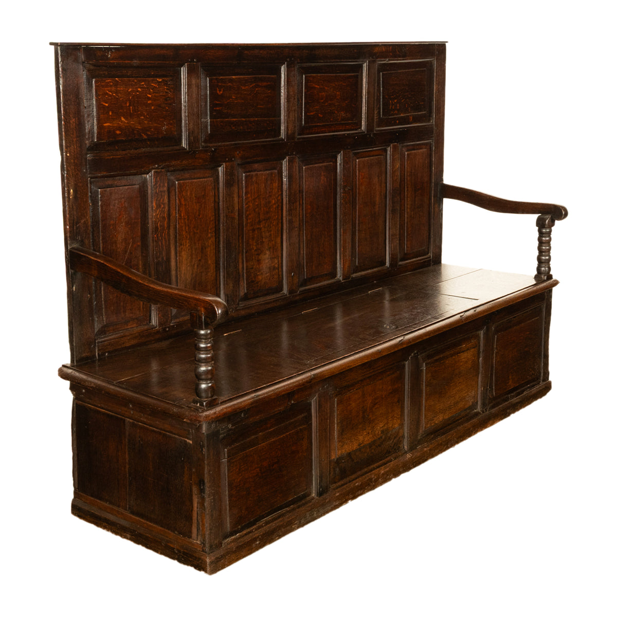 Antique 18th Century Georgian Oak Paneled Box Pub Tavern Settle Bench 1750