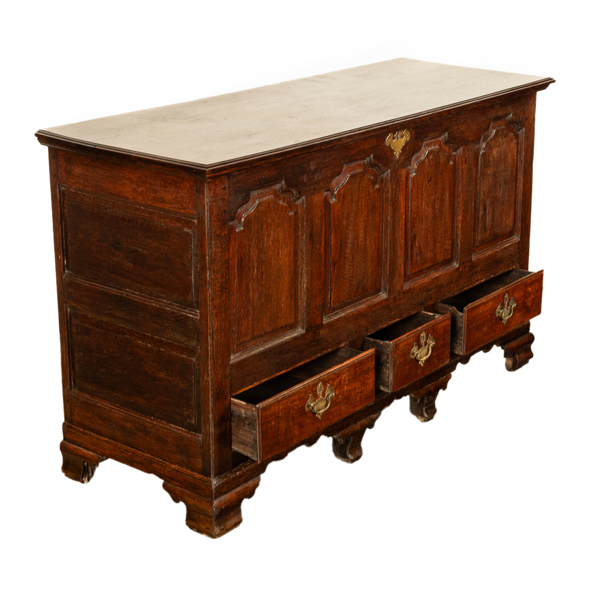 Antique Early Georgian Large 4 Panel 3 Drawer Hinged Top Mule Chest Coffer 1740