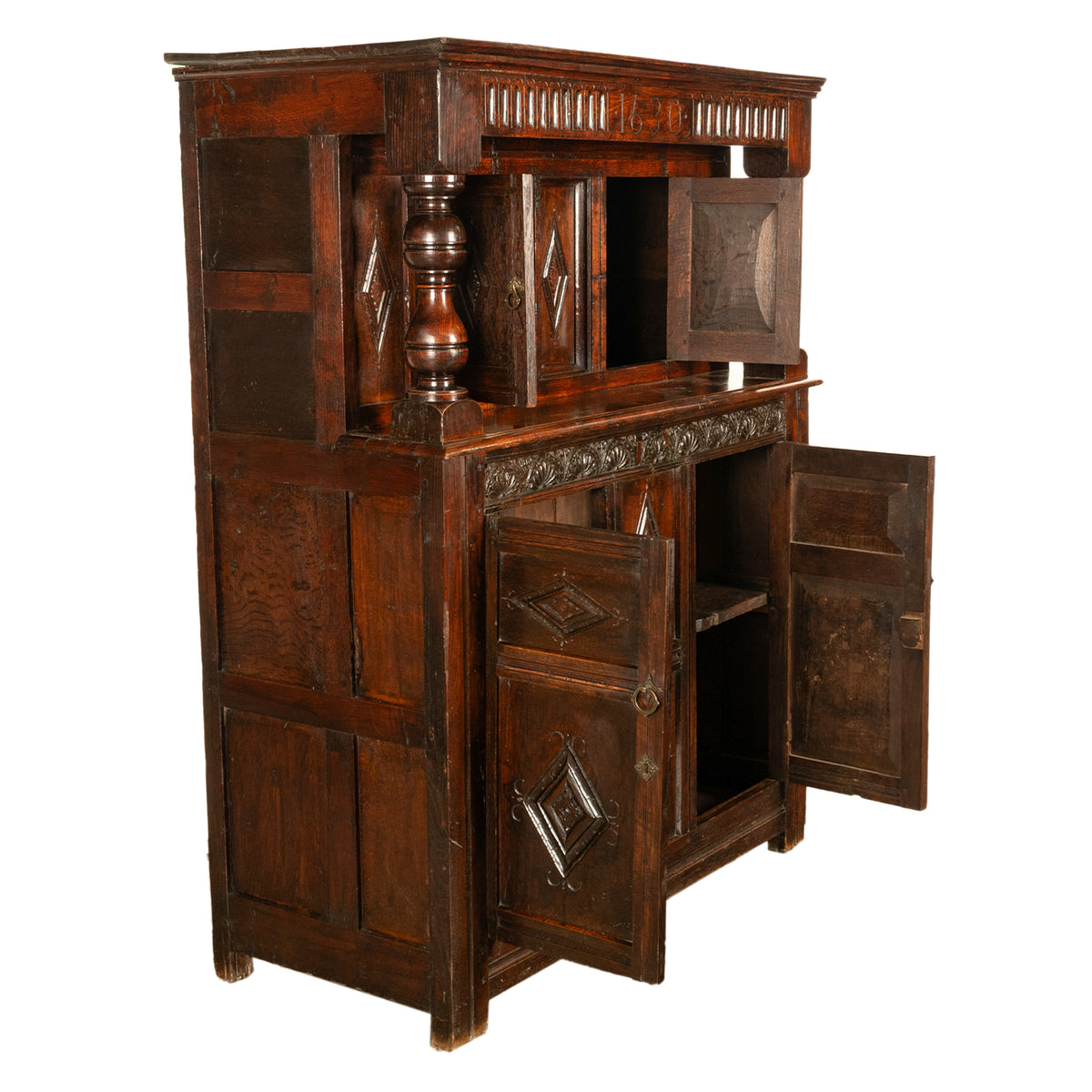 Antique English 17th Century Jacobean Charles I Carved Oak Court Cupboard Cabinet 1630