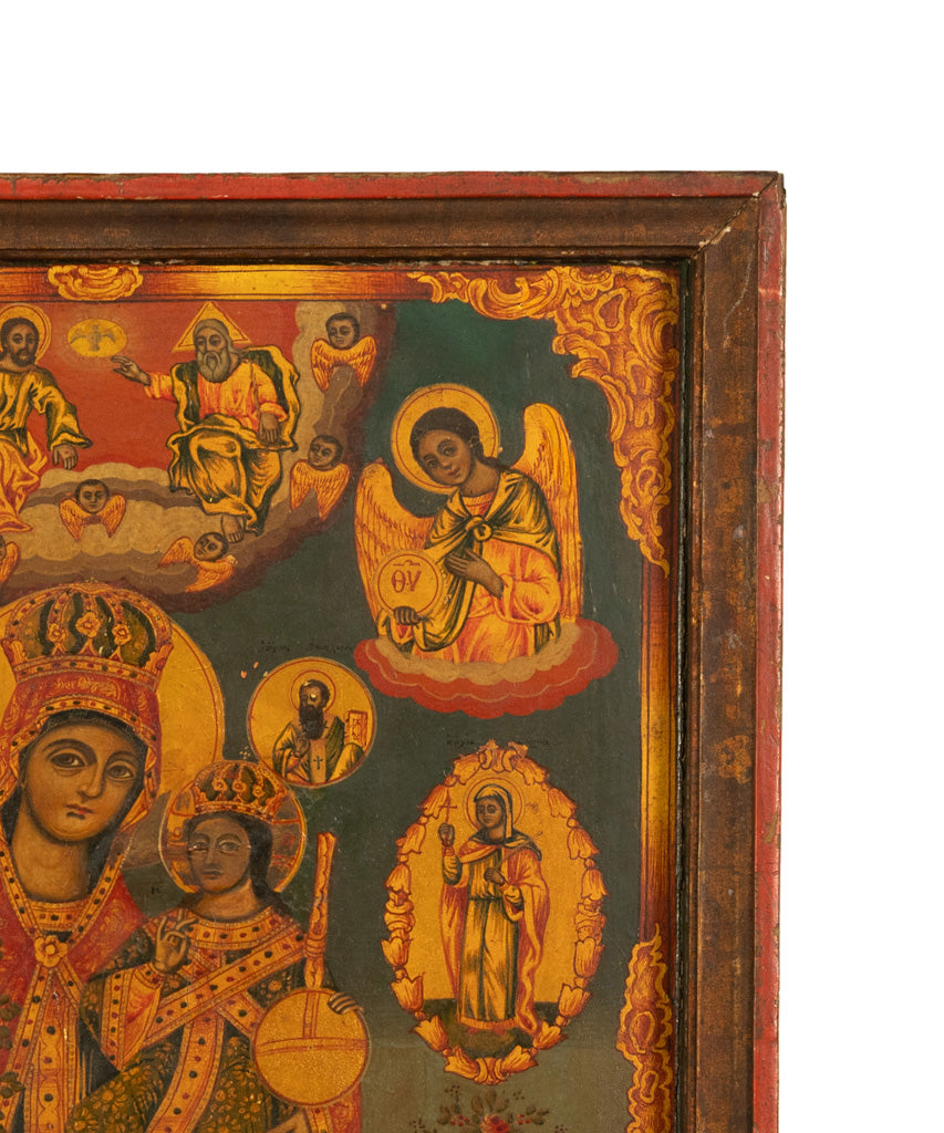 Antique 19th C Greek Orthodox Icon Virgin Mary & Jesus St. George & Dragon 1800