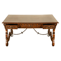 Antique Spanish Carved Walnut Baroque Partners Desk Writing Trestle Table 1880