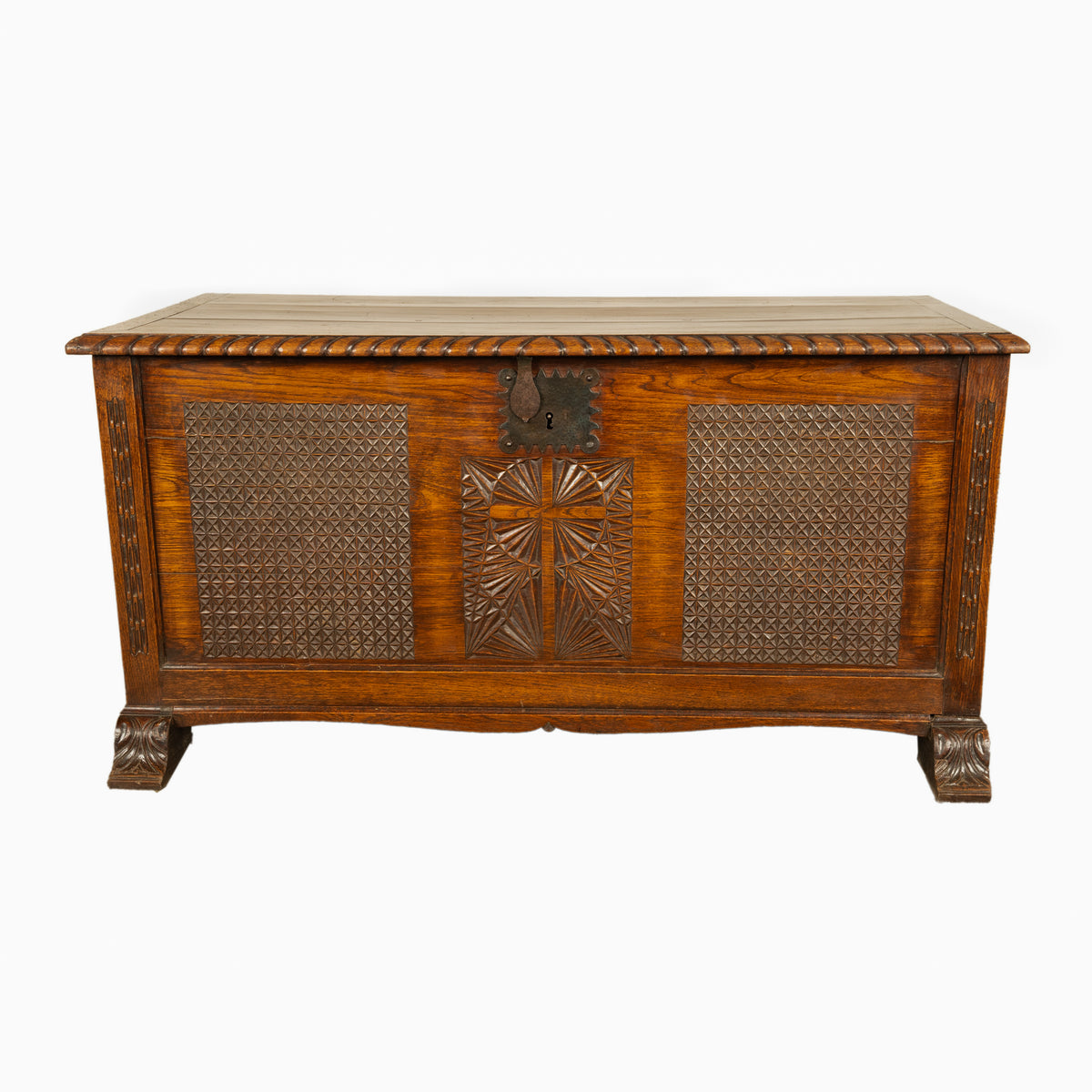 Antique French Gothic Revival Carved Oak Dowry Coffer Chest Bench Seat 1820